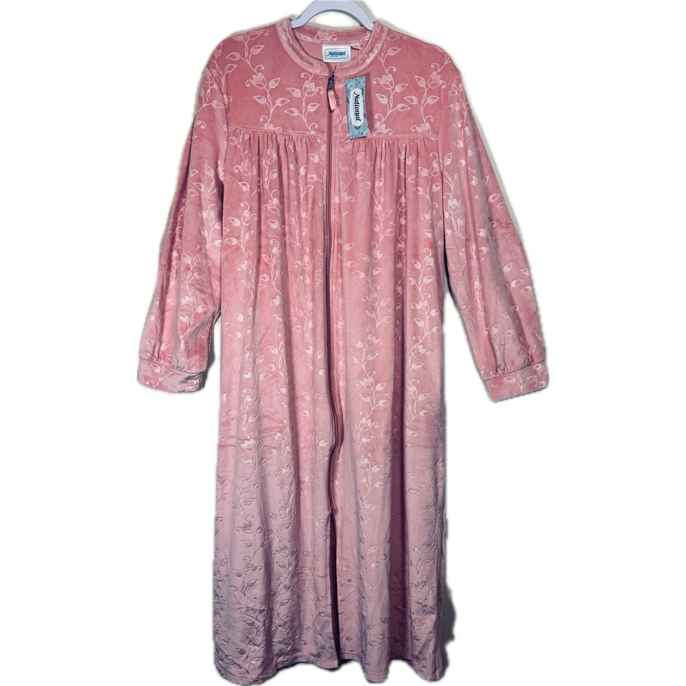 NWT National Robe Women Large Pink Velour Floral Zip Front Long Sleeve Cottage